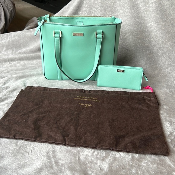 kate spade Handbags - NWOT Kate Spade mint tote with striped interior, matching wallet NWT